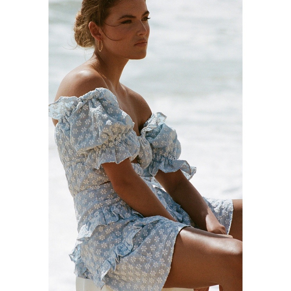 Sabo Jaycee Dress Floral Ruffle Mini Dress‎ Blue White Coquette Cottagecore XS